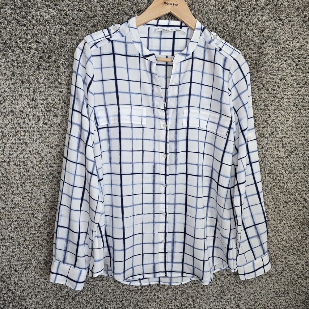 Calvin Klein Top Womens Medium‎ Blue Button Up Semi Sheer Long Sleeve Blouse